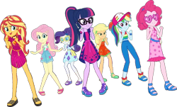 Size: 1561x940 | Tagged: safe, edit, edited screencap, editor:pascalmulokozi2, imported from derpibooru, screencap, applejack, fluttershy, pinkie pie, rainbow dash, rarity, sci-twi, sunset shimmer, twilight sparkle, human, equestria girls, i'm on a yacht, spoiler:eqg series (season 2), clothes, equestria girls specials, glasses, group, hat, humane five, humane seven, humane six, music video, my little pony equestria girls: better together, my little pony equestria girls: spring breakdown, not a vector, pose, sandals, shoes, simple background, spring break, sunglasses, transparent background