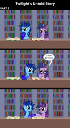 Size: 1920x3516 | Tagged: safe, artist:platinumdrop, imported from derpibooru, twilight sparkle, oc, oc:blue thunder, comic:twilight's untold story, 3 panel comic, book, bored, colt, comic, commission, excited, female, filly, foal, happy, male, smiling, speech bubble