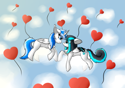 Size: 3035x2150 | Tagged: safe, artist:twinky, imported from derpibooru, oc, pegasus, pony, cloud, duo, female, heart, mare, pegasus oc, wings