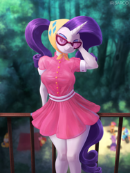 Size: 3000x4000 | Tagged: safe, alternate version, artist:irisarco, imported from derpibooru, apple bloom, applejack, rainbow dash, rarity, scootaloo, sweetie belle, anthro, unicorn, sleepless in ponyville, blurry background, breasts, camping outfit, chest fluff, clothes, day, dress, eyeshadow, female, forest, front view, glasses, grass, horn, lidded eyes, looking at you, makeup, my little pony, nail polish, nature, outdoors, smiling, solo, standing, sunglasses, tail, tree, watermark