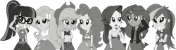 Size: 1998x568 | Tagged: safe, edit, edited screencap, editor:pascalmulokozi2, imported from derpibooru, screencap, applejack, fluttershy, pinkie pie, rainbow dash, rarity, sci-twi, sunset shimmer, twilight sparkle, human, equestria girls, annoyed, applejack's hat, black and white, clothes, cowboy hat, embarrassed, embarrassed grin, epic fails, glasses, grayscale, hairpin, hat, humane five, humane seven, humane six, monochrome, my little pony equestria girls: summertime shorts, not a vector, simple background, skirt, transparent background, unamused, worried, worried smile