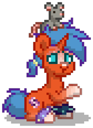 Size: 672x928 | Tagged: safe, imported from derpibooru, oc, oc only, oc:milky way (trixburst), pony, rat, unicorn, pony town, blaze (coat marking), blue hair, blue mane, blue tail, coat markings, cyan eyes, digital art, facial markings, horn, male, offspring, orange coat, parent:sunburst, parent:trixie, parents:trixburst, pixel art, ponytail, raised hoof, scrunchie, simple background, sitting, socks (coat markings), solo, stallion, tail, transparent background, unicorn oc