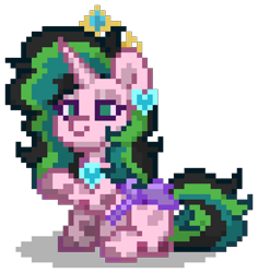 Size: 784x832 | Tagged: safe, imported from derpibooru, oc, oc only, oc:stolen love, alicorn, changeling, changepony, hybrid, pony, pony town, alicorn oc, changeling wings, digital art, ear piercing, female, green eyes, horn, interspecies offspring, jewelry, magical lesbian spawn, mare, multicolored hair, multicolored mane, multicolored tail, necklace, offspring, parent:princess cadance, parent:queen chrysalis, parents:cadalis, piercing, pink coat, pixel art, purple wings, raised hoof, simple background, sitting, solo, tail, tiara, transparent background, wings