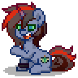 Size: 768x768 | Tagged: safe, imported from derpibooru, oc, oc only, oc:dark shield, hybrid, pony, umbrum, unicorn, pony town, blue coat, blue eyes, bracelet, colored horn, digital art, horn, hybrid oc, interspecies offspring, jewelry, magical gay spawn, male, multicolored hair, multicolored horn, multicolored mane, multicolored tail, offspring, parent:king sombra, parent:shining armor, parents:shiningsombra, pixel art, raised hoof, simple background, sitting, solo, stallion, tail, transparent background, unicorn oc