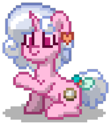 Size: 672x752 | Tagged: safe, imported from derpibooru, oc, oc only, oc:white sugar, pony, unicorn, pony town, bow, digital art, ear piercing, female, horn, magical lesbian spawn, mare, offspring, parent:night glider, parent:sugar belle, parents:sugarglider, piercing, pink coat, pink eyes, pixel art, raised hoof, simple background, sitting, solo, tail, tail bow, transparent background, white hair, white mane, white tail