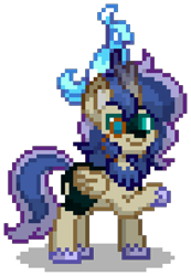 Size: 752x1088 | Tagged: safe, imported from derpibooru, oc, oc only, oc:moon glow, alicorn, hybrid, kirin, phoenix, pony, pony town, alicorn oc, blue hair, blue mane, blue tail, cyan eyes, digital art, facial hair, goatee, gradient horn, horn, hybrid oc, interspecies offspring, kirin oc, magical lesbian spawn, male, monocle, offspring, parent:princess luna, parent:rain shine, parents:rainuna, pixel art, raised hoof, scales, sideburns, simple background, solo, stallion, tail, tan coat, transparent background, wings