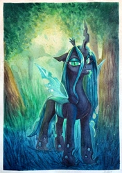 Size: 2768x3935 | Tagged: safe, artist:jsunlight, imported from derpibooru, queen chrysalis, changeling, changeling queen, female, solo, tongue out, traditional art, watercolor painting