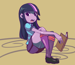 Size: 2316x2009 | Tagged: safe, artist:menma911, artist:okubobambooshoots, imported from derpibooru, twilight sparkle, human, equestria girls, book, clothes, female, high res, no nose, open mouth, pleated skirt, shoes, simple background, sitting, skirt, skirt lift, socks, solo, thighs