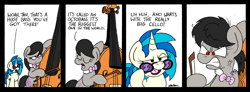 Size: 3414x1263 | Tagged: safe, artist:bobthedalek, imported from derpibooru, dj pon-3, octavia melody, vinyl scratch, earth pony, pony, unicorn, angry, bowtie, cello, comic, dexterous hooves, dialogue, duo, hoof hold, horn, messy mane, musical instrument, octavia is not amused, octobass, red eyes, unamused, vein bulge, vinyl's glasses