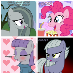 Size: 2090x2090 | Tagged: safe, artist:badumsquish, derpibooru exclusive, imported from derpibooru, limestone pie, marble pie, maud pie, pinkie pie, earth pony, pony, 4 panel comic, blushing, cake, cake slice, comic, cotton candy, dialogue, eyes closed, eyeshadow, female, food, heart, implied mudbriar, implied straight, makeup, mare, ominous, one of these things is not like the other, open mouth, open smile, pie sisters, popcorn, rock farm, show accurate, siblings, sisters, smiling, soda, talking to each other, unamused