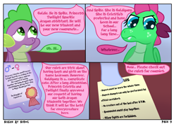 Size: 4960x3508 | Tagged: safe, artist:sweetielover, imported from derpibooru, spike, oc, oc:goldigony, dragon, comic:scales at school, bedroom, comic, document, female, high res, hooves, indoors, male, paper, school, webcomic