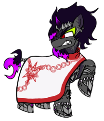 Size: 1122x1296 | Tagged: safe, artist:feenadot, imported from derpibooru, oc, oc only, oc:nero, pony, umbrum, unicorn, blush lines, blushing, cape, clothes, coat markings, crown, fangs, featureless snout, horn, jewelry, leonine tail, looking offscreen, male, male oc, raised hoof, regalia, simple background, solo, symbol, tail, transparent background, unicorn oc