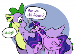 Size: 1436x1037 | Tagged: safe, artist:smirk, imported from derpibooru, spike, twilight sparkle, alicorn, dragon, dialogue, duo, friendship, twilight sparkle (alicorn)