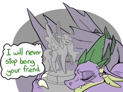 Size: 1280x956 | Tagged: safe, artist:smirk, imported from derpibooru, spike, dialogue, implied death, older, older spike, solo, statue