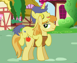 Size: 944x776 | Tagged: safe, artist:moonlightthegriffon, imported from derpibooru, braeburn, comet tail, earth pony, pony, unicorn, base used, cometburn, crack shipping, eyes closed, fake screencap, gay, horn, male, missing hat, open mouth, open smile, piggyback ride, ponyville, shipping, smiling