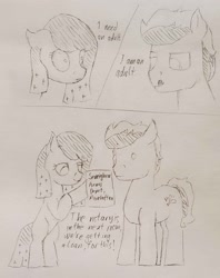 Size: 1908x2405 | Tagged: safe, artist:mannitenerisunt, imported from derpibooru, oc, oc only, oc:cherry bottom, oc:flint spark, earth pony, pony, 3 panel comic, beady eyes, colt, comic, earth pony oc, foal, i am an adult, i need an adult, licking, licking lips, male, no pupils, paper, pencil drawing, rearing, shrunken pupils, stallion, standing, tongue out, traditional art