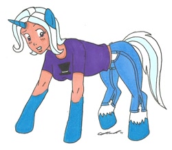 Size: 1059x925 | Tagged: safe, artist:cqmorrell, imported from derpibooru, trixie, human, pony, unicorn, blush lines, blushing, clothes, denim, gritted teeth, horn, human to pony, jeans, looking at self, mid-transformation, pants, raised leg, ripped jeans, ripped pants, shirt, signature, simple background, solo, t-shirt, teeth, torn clothes, traditional art, transformation, white background