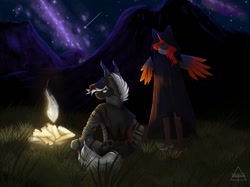 Size: 1080x808 | Tagged: safe, artist:shinech9, oc, oc only, anthro, campfire, cloak, clothes, female, male, male and female, staff