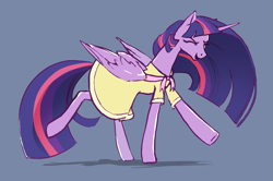 Size: 1265x838 | Tagged: safe, artist:nadnerbd, imported from derpibooru, twilight sparkle, alicorn, pony, the last problem, birthday dress, blue background, clothes, dancing, do the sparkle, dress, eyes closed, older, older twilight, older twilight sparkle (alicorn), open mouth, open smile, princess twilight 2.0, silly, simple background, smiling, solo, standing on two hooves, twilight sparkle (alicorn)