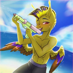 Size: 2048x2048 | Tagged: safe, artist:shinech9, oc, oc only, anthro, beach, clothes, male, shorts, solo, solo male, water