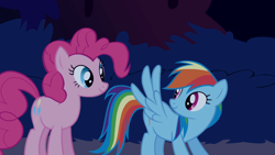 Size: 1920x1080 | Tagged: safe, imported from derpibooru, screencap, pinkie pie, rainbow dash, earth pony, pegasus, pony, friendship is magic, duo, duo female, female, mare, my little pony, outdoors, spread wings, wingboner, wings