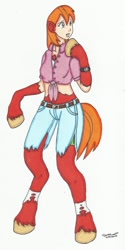Size: 898x1789 | Tagged: safe, artist:cqmorrell, imported from derpibooru, big macintosh, earth pony, human, pony, arm hooves, chest fluff, clothes, female to male, front knot midriff, human to pony, mid-transformation, midriff, ripping clothes, rule 63, signature, socks, solo, torn clothes, torn socks, transformation, transgender transformation, wardrobe malfunction, watch, wristwatch