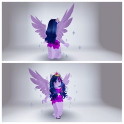 Size: 1920x1920 | Tagged: safe, imported from derpibooru, human, equestria girls, 3d, alternate hairstyle, big crown thingy, clothes, crown, dress, element of magic, female, game screencap, jewelry, messy hair, regalia, roblox, solo, sparkles, spread wings, wings