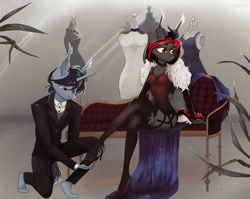 Size: 1080x859 | Tagged: safe, artist:shinech9, oc, oc only, anthro, breast grab, breasts, clothes, grope, high heels, leotard, male and female, shoes, solo, stockings, thigh highs, tuxedo