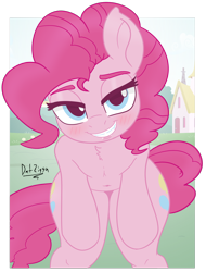 Size: 1998x2633 | Tagged: safe, artist:datzigga, imported from derpibooru, pinkie pie, semi-anthro, bent over, blushing, breaking the fourth wall, leaning forward, solo