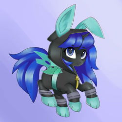 Size: 894x894 | Tagged: safe, artist:rosefluffdraws, imported from derpibooru, oc, oc only, oc:blue visions, changeling, animal costume, blue changeling, bunny costume, bunny ears, changeling oc, clothes, costume, female, gradient background, hoodie, paw gloves, smiling, solo