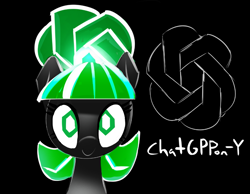 Size: 973x756 | Tagged: safe, artist:anonymous, imported from twibooru, oc, oc only, oc:gpt-pony, earth pony, pony, /mlp/, 4chan, black background, bust, female, image, looking at you, mare, png, ponified, portrait, simple background, smiling, solo, text