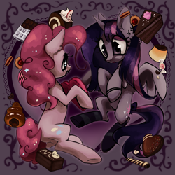 Size: 2153x2153 | Tagged: safe, artist:brainr0tter, imported from derpibooru, pinkie pie, twilight sparkle, alicorn, earth pony, pony, abstract background, cake, chocolate bar, chocolate cake, chocolate heart, clothes, cookie, duo, duo female, female, flan, food, heart, heart background, lesbian, mare, pudding, shipping, socks, striped socks, twilight sparkle (alicorn), twinkie