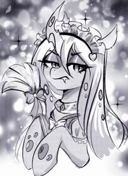 Size: 1062x1455 | Tagged: safe, artist:koveliana, imported from twibooru, queen chrysalis, changeling, changeling queen, /chag/, /mlp/, 4chan, bow, clothes, duster, fangs, female, grayscale, headband, image, lidded eyes, looking away, maid, monochrome, needs more jpeg, queen chrysalis is not amused, slit pupils, solo, unamused