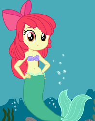 Size: 1660x2104 | Tagged: safe, artist:ocean lover, imported from derpibooru, apple bloom, human, mermaid, equestria girls, adorabloom, amber eyes, apple bloom's bow, bare shoulders, belly, belly button, boulder, bow, bra, bubble, clothes, coral, crossover, cute, disney, disney princess, female, fins, fish tail, hair bow, hand on hip, happy, innocent, kelp, long hair, looking at you, mermaid tail, mermaidized, ms paint, ocean, princess ariel, red bow, red hair, rock, seashell, seashell bra, sleeveless, smiling, smiling at you, solo, solo female, species swap, tail, tail fin, the little mermaid, underwater, underwear, water