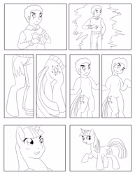 Size: 2550x3300 | Tagged: safe, artist:foxbeast, artist:zohaku, imported from derpibooru, twilight sparkle, oc, oc:leroy, human, pony, unicorn, book, clothes, comic, high res, human oc, human to pony, lineart, male to female, monochrome, pants, raised hoof, rule 63, sweater, transformation, transformation sequence, transgender transformation, unicorn twilight