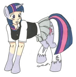 Size: 996x1006 | Tagged: safe, artist:cqmorrell, imported from derpibooru, twilight sparkle, human, pony, unicorn, blouse, blush lines, blushing, button-up shirt, clothes, female, gritted teeth, horn, human to pony, light skin, looking at self, mid-transformation, pleated skirt, raised leg, ripping clothes, shirt, shocked, signature, simple background, skirt, socks, solo, teeth, traditional art, transformation, vest, what has science done, white background