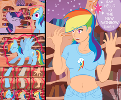 Size: 4788x3960 | Tagged: safe, artist:blackgryph0n, artist:stardragon77, artist:the smiling pony, imported from derpibooru, rainbow dash, twilight sparkle, human, pegasus, pony, unicorn, belly, belly button, comic, dialogue, female, high res, horn, humanized, magic, mare, midriff, pony to human, speech bubble, transformation, transformation sequence, unicorn twilight