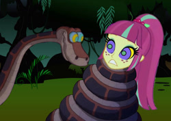 Size: 1280x905 | Tagged: safe, artist:tyriuskishayinew16, imported from derpibooru, sour sweet, human, snake, equestria girls, coils, duo, eyeshadow, female, forest, freckles, gritted teeth, hypno eyes, hypnosis, hypnotized, kaa, kaa eyes, looking at each other, looking at someone, makeup, male, nature, ponytail, teeth, tree, wrapped snugly, wrapped up