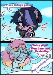 Size: 1240x1754 | Tagged: safe, artist:jully-park, imported from derpibooru, oc, oc only, oc:charlotte parker, oc:gera garcia, earth pony, pony, unicorn, comic:how i meet my chaotic friends, comic, horn