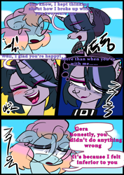 Size: 1240x1754 | Tagged: safe, artist:jully-park, imported from derpibooru, oc, oc only, oc:charlotte parker, oc:gera garcia, earth pony, pony, unicorn, comic:how i meet my chaotic friends, comic, horn