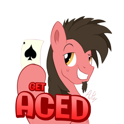 Size: 2000x2000 | Tagged: safe, artist:ace play, imported from derpibooru, oc, oc only, oc:ace play, earth pony, pony, ace of spades, caption, cheek fluff, earth pony oc, eyebrows, facial hair, goatee, grin, high res, male, playing card, pun, raised eyebrow, simple background, smiling, solo, stallion, text, transparent background, visual pun