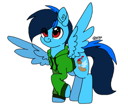 Size: 1245x1057 | Tagged: safe, artist:smol_boo, imported from derpibooru, oc, oc only, oc:cobalt chaser, pegasus, pony, blue coat, blue mane, clothes, digital art, full body, hoodie, jacket, male, male oc, pegasus oc, red eyes, simple background, solo, spread wings, sweater, transparent background, wings