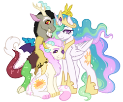 Size: 1280x1059 | Tagged: safe, artist:kazmuun, imported from derpibooru, discord, princess celestia, oc, draconequus, hybrid, pony, dislestia, female, interspecies offspring, male, offspring, parent:discord, parent:princess celestia, parents:dislestia, shipping, simple background, straight, transparent background