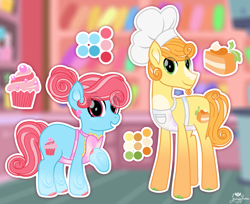 Size: 2451x2000 | Tagged: safe, artist:lovinglypromise, imported from derpibooru, carrot cake, cup cake, pony, alternate design, apron, carrot cup, chef's hat, clothes, female, hat, male, shipping, straight