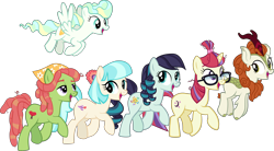 Size: 4316x2380 | Tagged: safe, artist:ironm17, imported from derpibooru, autumn blaze, coco pommel, coloratura, moondancer, tree hugger, vapor trail, earth pony, kirin, pegasus, pony, unicorn, flying, glasses, horn, simple background, transparent background, vector, walking