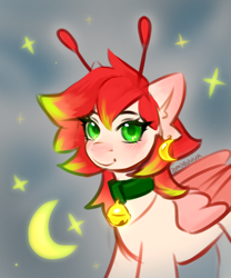 Size: 1000x1200 | Tagged: safe, artist:moewwur, artist:rin-mandarin, imported from derpibooru, oc, oc only, oc:chise, pegasus, pony, antennae, bell, bell collar, collar, ear piercing, earring, folded wings, green eyes, jewelry, looking at you, moon, piercing, red mane, simple background, solo, stars, tendrils, wings