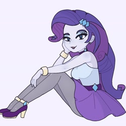 Size: 2048x2048 | Tagged: safe, artist:thanatoschanvt, imported from derpibooru, rarity, human, equestria girls, big breasts, blue eyes, bracelet, breasts, busty rarity, clothes, eyeliner, female, hairpin, hand on cheek, high heels, jewelry, leggings, light skin, lipstick, looking at you, makeup, purple hair, shoes, simple background, sitting, solo, solo female