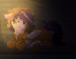 Size: 2235x1730 | Tagged: safe, artist:adostume, imported from derpibooru, pipp petals, pegasus, background, clothes, commissioner:rainbowdash69, crying, cuffs (clothes), digital art, g5, never doubt rainbowdash69's involvement, pouting, prison, prison outfit, prisoner, prisoner pipp, shackles