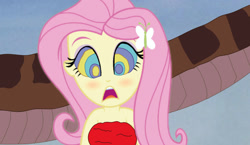 Size: 1280x743 | Tagged: safe, artist:remifan, imported from derpibooru, fluttershy, human, snake, equestria girls, butterfly hairpin, coils, eyeshadow, female, hypno eyes, hypnoshy, hypnosis, hypnotized, kaa, kaa eyes, makeup, open mouth