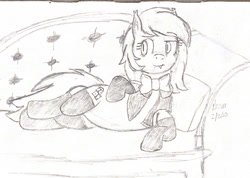 Size: 757x539 | Tagged: safe, artist:ponerr, imported from derpibooru, oc, oc:lucky roll, bat pony, bat pony oc, bat wings, couch, monochrome, signature, wings